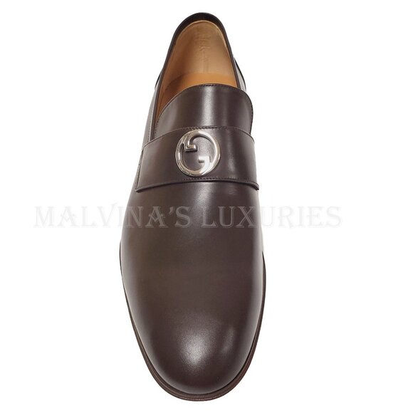 GUCCI SHOES MENS INTERLOCKING G LOGO PLAQUE BROWN LEATHER LOAFERS sz 12.5 / 13 U - Picture 8 of 15